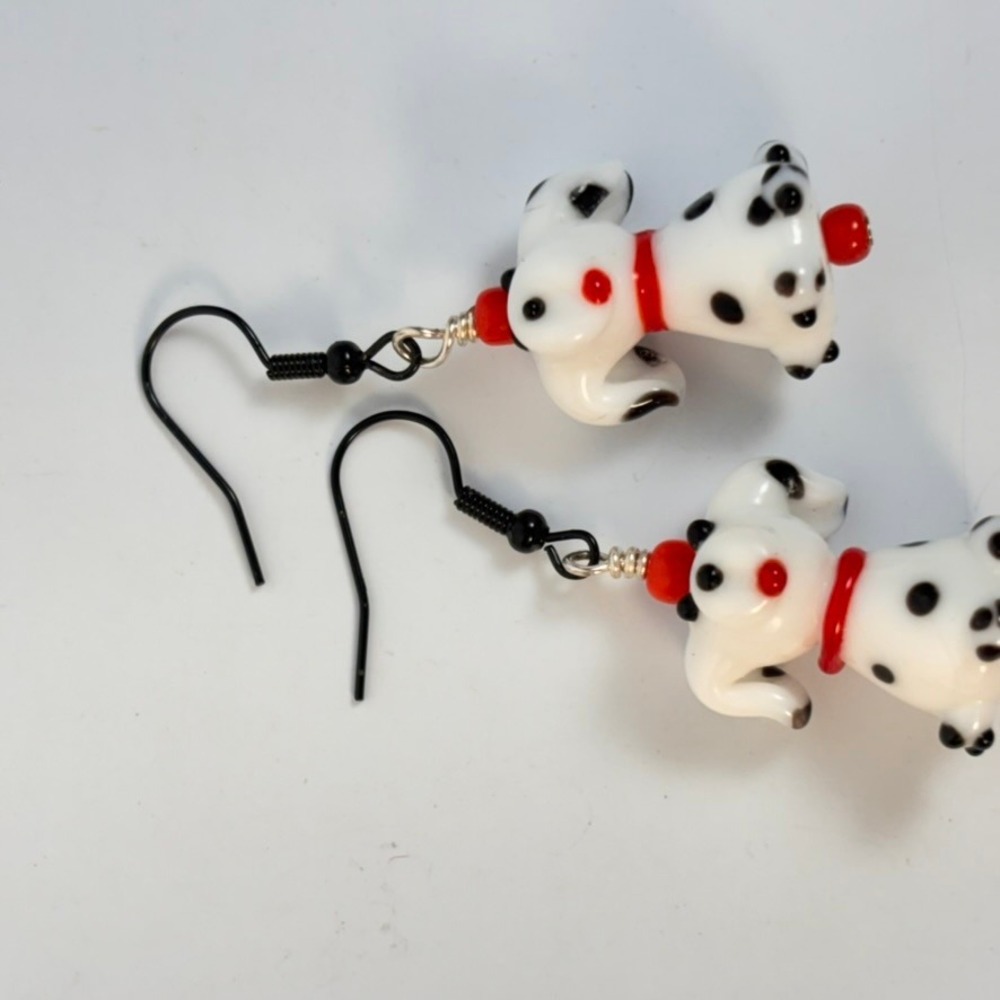 Handmade Dalmatian Dog Earrings White Art Glass Lampwork Whimsygoth Boho Chic